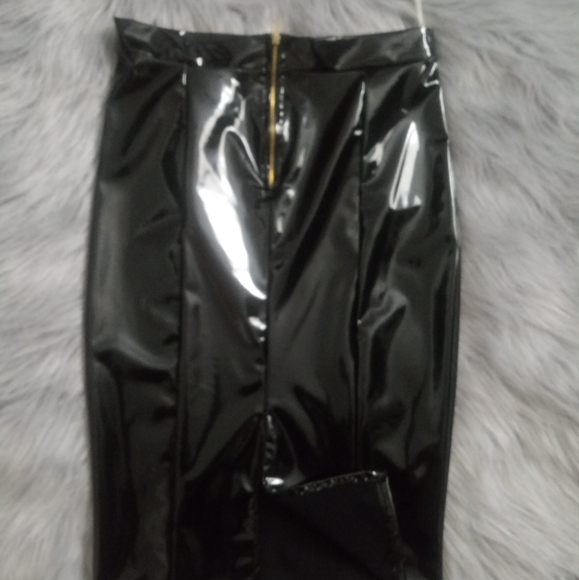 High Waist Black Liquid Latex Fitted Midi Skirt - Picture 6 of 8